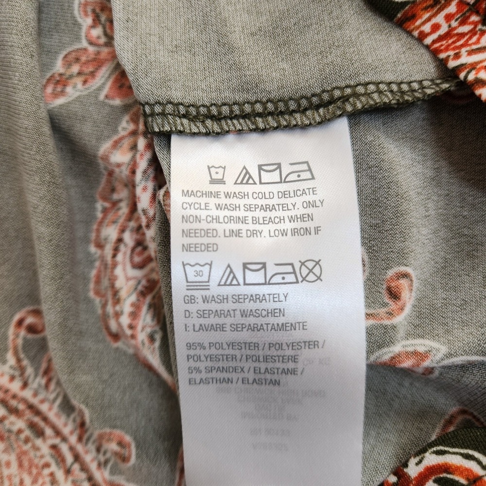 Belle Kim Gravel Women's Olive Green Paisley Print Long Sleeve V Neck Top Size L - Picture 7 of 9